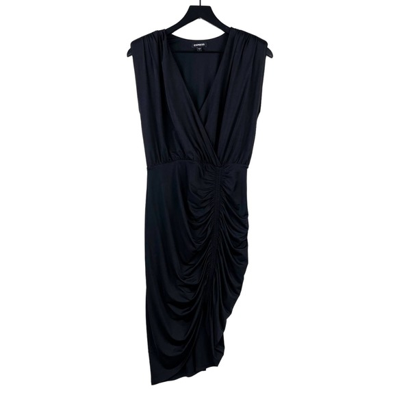 Express (S) Ruched Scrunch Bodycon Midi Dress V-Neck Black Stretch - Picture 1 of 10